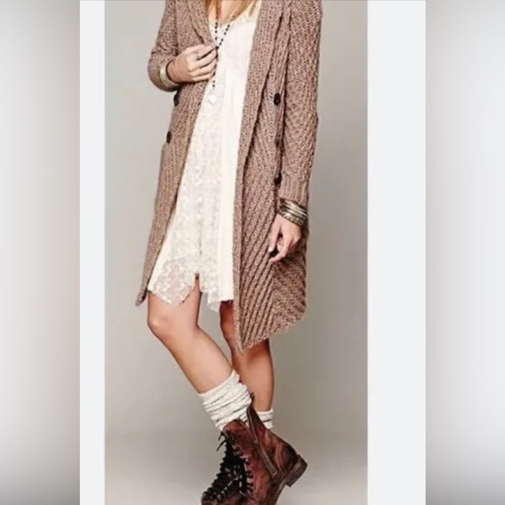 Free People Beige Double-Breasted Long Knit Cardigan